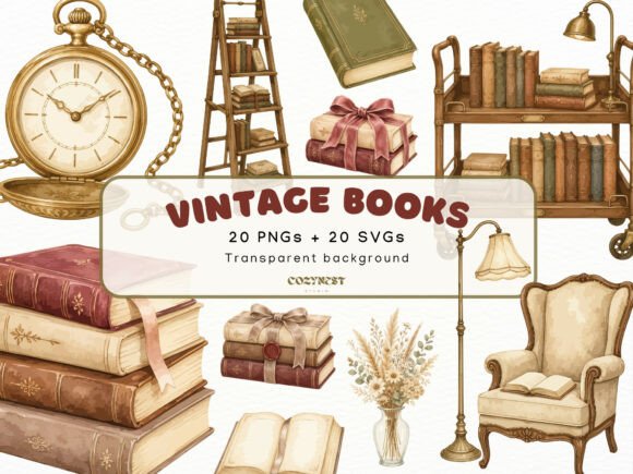 Download Vintage Books Watercolor Clipart PNG SVG - Clipart png Collection