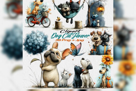 Download Whimsical Dog Cat Flower Clipart PNG Set - Clipart png Collection