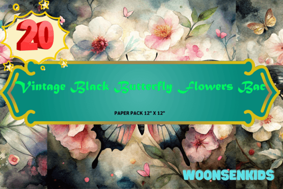Download 20 Vintage Black Butterfly Flowers Background Watercolor Png Kdp Digital Paper - Vintage Collection